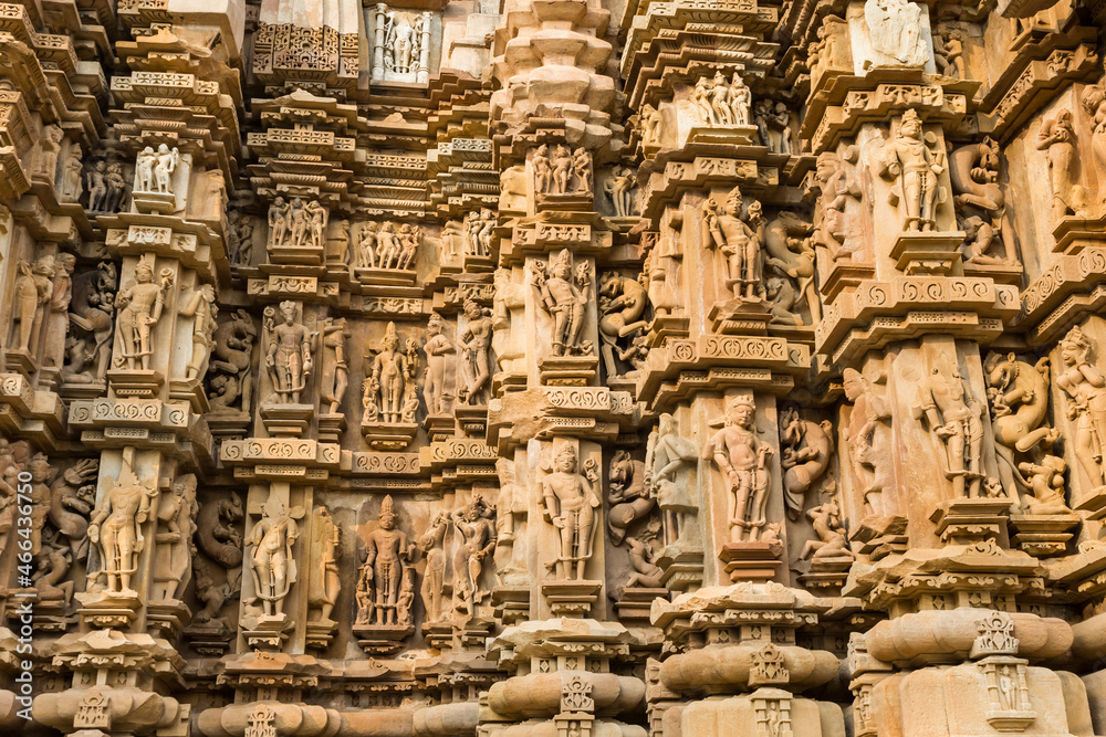 Detailed sculpture of the erotic temples in Khajuraho, India