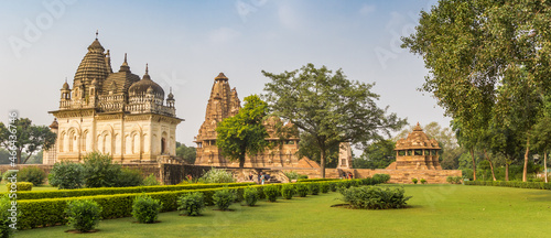 Panorama of temples and gardens in the historic town Khajuraho  India