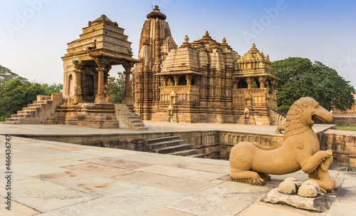 Sculpture in front of the temples of Khajuraho, India photo