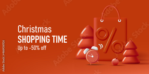Red advertising banner with 3d illustration of shopping bag with christmas trees, clock and big percent sign, stylish plastic render graphic