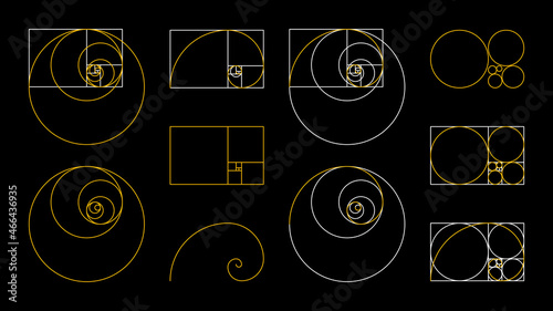 Golden Ratio Fibonacci set. A spiral for harmony, composition, logos and designs. Correct proportions.