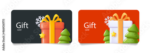 Set of gift certificate with 3d render big gift box surounded with Christmas trees and snowflakes