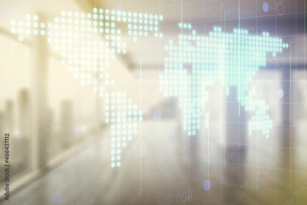 Multi exposure of abstract graphic world map on modern interior background, big data and networking concept Multi exposure of abstract graphic world map on modern interior background, big data and networking concept