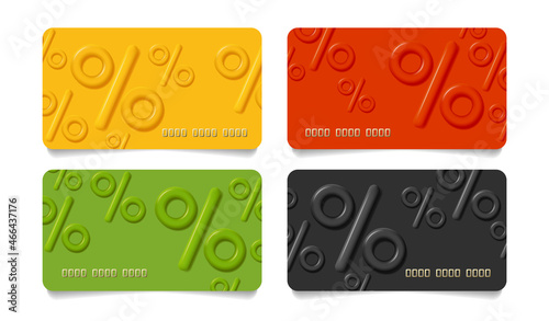 Set of bank or loyalty program cards with convex 3d percent sign, mono chrome graphic