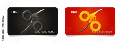 Set of discount or credit cards with 3d illustration of gas gun and wheels creating percent sign