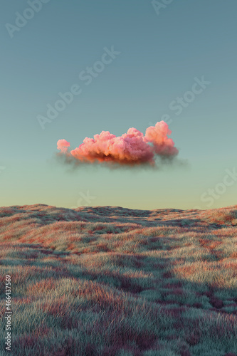 Three dimensional render of single pink cloud floating over grassy rolling landscape photo