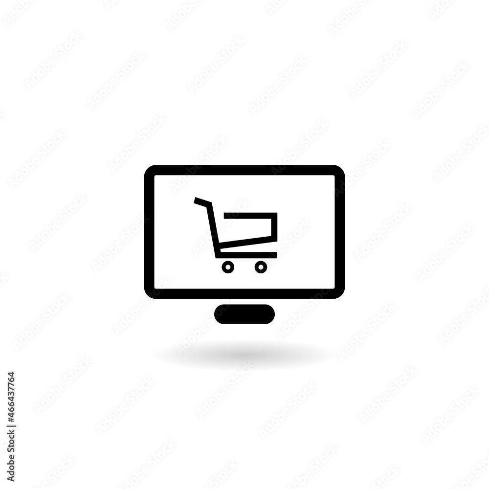 Shopping cart on monitor icon with shadow isolated on white background Shopping cart on monitor icon with shadow isolated on white background