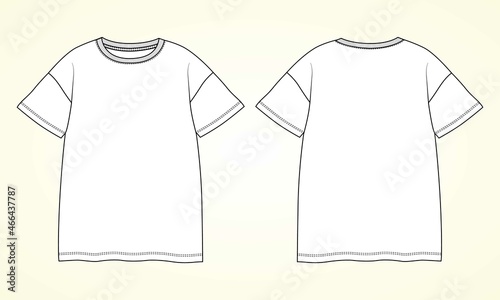 T-shirt technical Sketch fashion Flat Template With Round neckline, elbow sleeves, oversized, tunic length Cotton jersey. Vector illustration basic apparel design. 