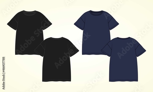 T-shirt technical Sketch fashion Flat black and Navy color Template With Round neckline, elbow sleeves, oversized, tunic length Cotton jersey. Vector illustration basic apparel design. 
