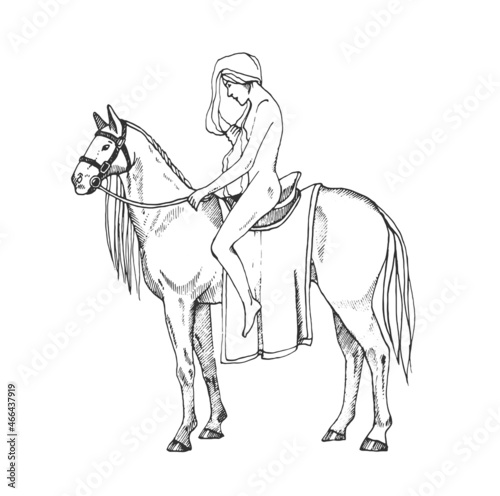 Nude women riding a horse. Lady Godiva. Contour illustration.