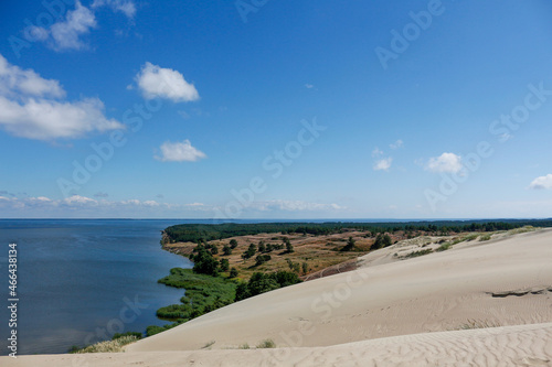 View of the Curonian Spit in the heights of a sand dune on a sunny summer day