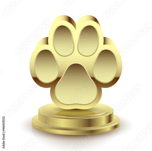 Golden trophy winner dog paw on white