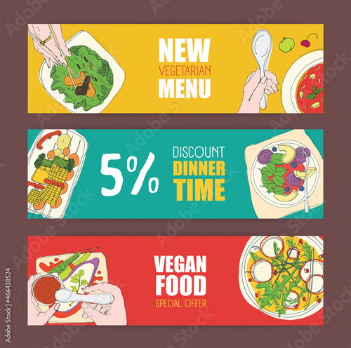 Set of bright colored horizontal banner templates with hand drawn vegetarian ...