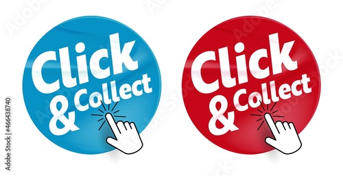 Click and collect online shopping button or sticker set. Realistic round label with promotion text and touch hand cursor sign design vector illustration isolated on white background