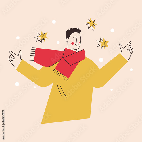 Young man with red scarf celebrating holiday event. Stylish joyful guy with snow and stars. Male character for advertising, winter greeting card. Flat vector cartoon illustration, isolated background