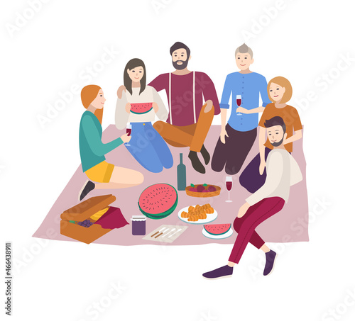 Happy friends having dinner outdoor isolated on white background. Group portr...