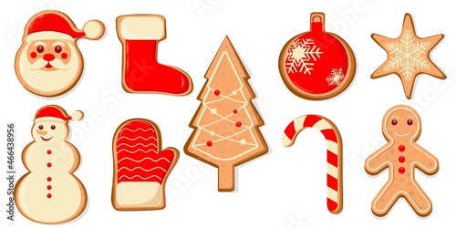 Christmas gingerbread cookies, winter holiday food. Christmas tree, candy cane, santa claus, christmas toy, mitten, snowman, Christmas stocking, star shape, gingerbread man. Vector illustration