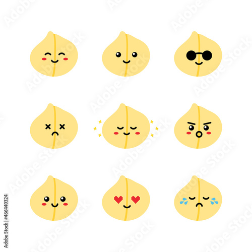 Set, collection, pack of chickpeas emoji, vector cartoon style icons of chickpeas, chick pea seeds characters with different facial expressions, happy, sad, shining, joyful.