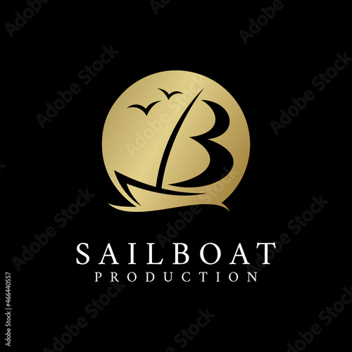 Simple Luxury Golden Initial Letter B with Boat Logo Design Vector