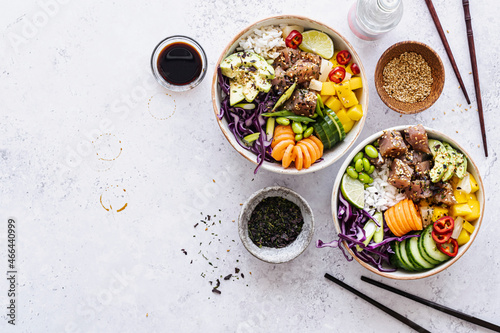 Hawaiian tuna poke bowl flat lay photography