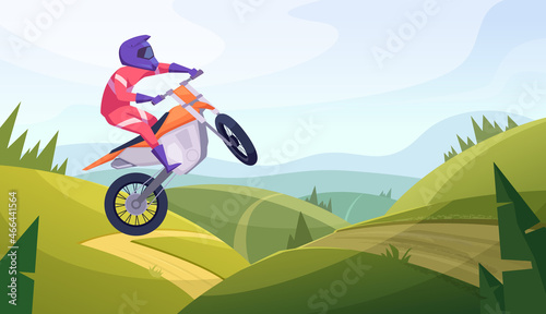 Motocross background. Freestyle cycling aggressive extreme sport bikers jumping on bike exact vector cartoon illustration