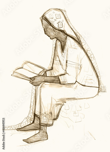 Woman reading the book. Pencil drawing photo