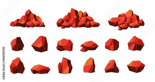 Glowing minerals. Hot grill burning coals for fireplace dangerous evil natural rocks garish vector illustrations set