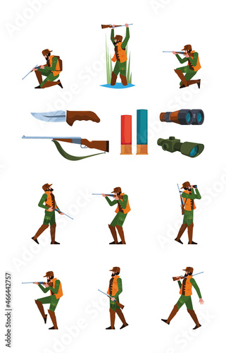 Hunting attributes. Hunter in armor clothes with ruffle gun hunt hirn weapons binoculars trap guidebook garish vector flat pictures set