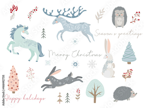 Animals and plants in boho or Scandinavian style. Christmas items. Large set with winter elements and holiday wishes. Winter vector illustration isolated on white background.