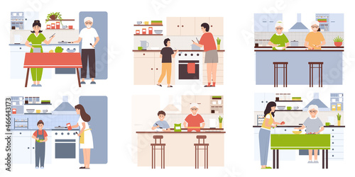 Collection of people cooking in kitchen, serving table, dining together, eating food. Set of smiling men, women and children preparing homemade meals for dinner.