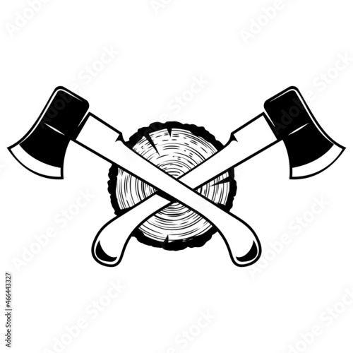 Crossed lumberjack axes with wood cut. Design element for logo, emblem, sign, poster, t shirt. Vector illustration