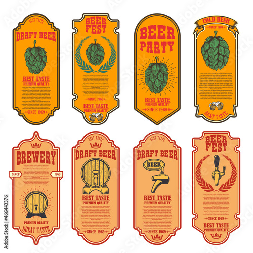 Set of beer labels with illustrations of beer barrels and hop. Vector illustration