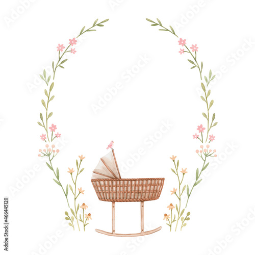 Beautiful frame with hand drawn watercolor baby cradle crib and flowers. Stock clip art illustration for girl.