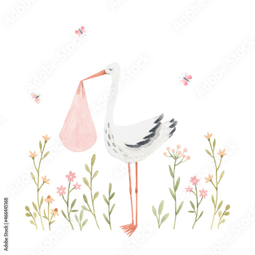 Beautiful stock clip art illustration with hand drawn cute stork bird carrying a baby girl for birthday.