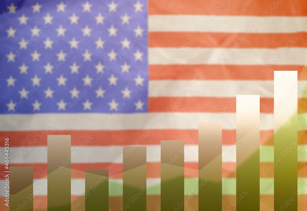 Obraz premium The concept of Growth success developments against the background of the national flag of the USA. Mockup chart increase of positive indicators.