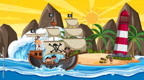 Ocean with Pirate ship at sunset scene in cartoon style