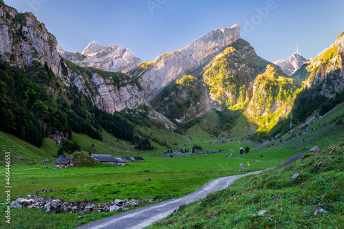 Green valley in Alpstein range at dawn