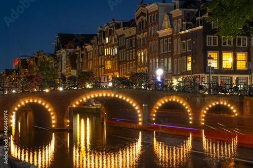 Night Canal Bridge and Amsterdam Houses