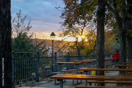 Canvas Print Sunset in a Beer garden in PRague