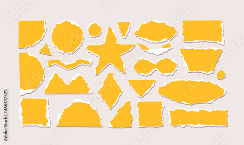 Geometric shapes of paper torn. Set of torn colored paper with edge of different geometric shapes isolated. Vector scraps of circle, square, star, semicircle, ellipse. Crumbled colored pieces of pages