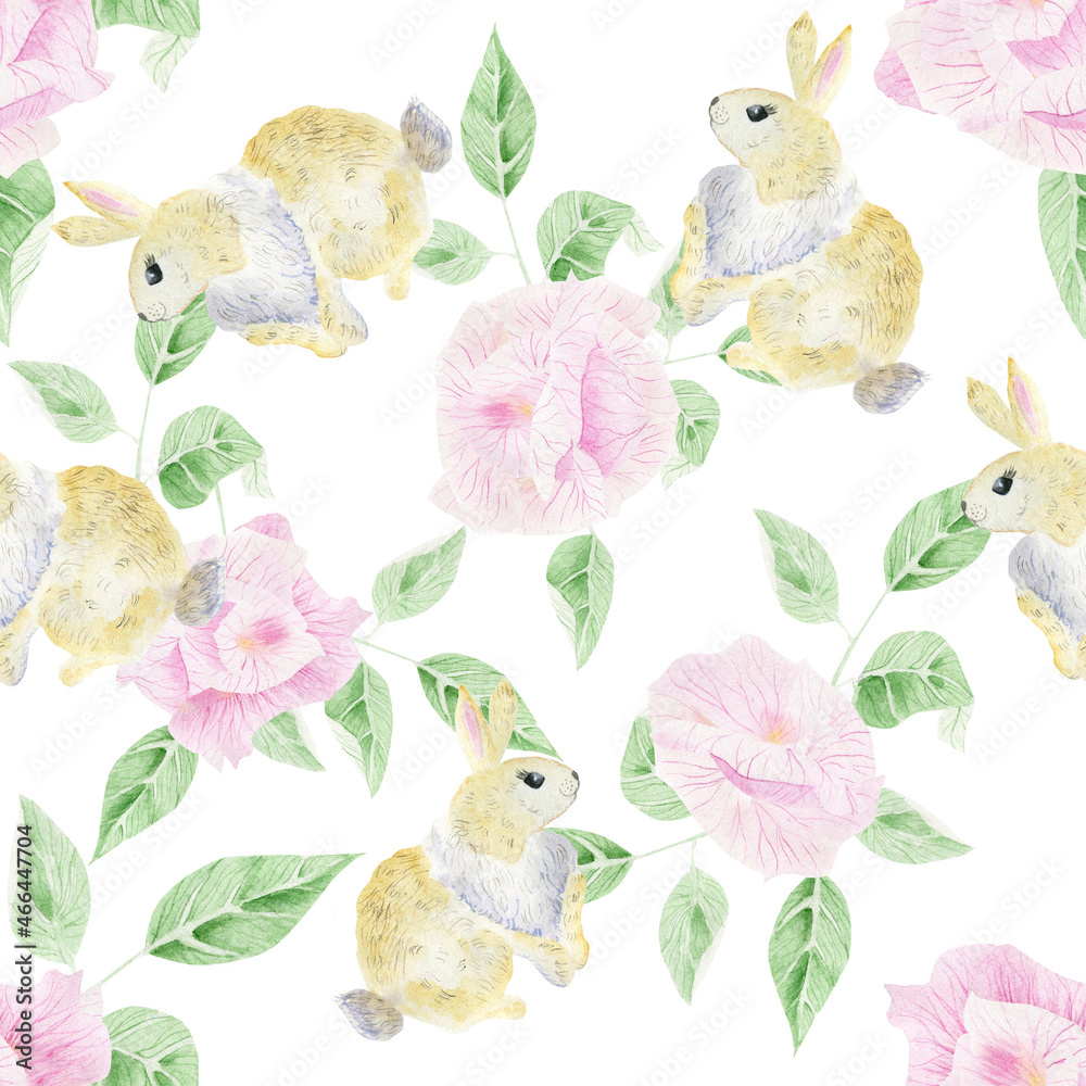 Roses and ginger rabbit. Watercolor illustration for wallpaper ...