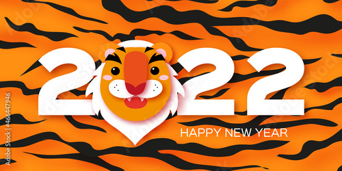Tiger New Year. Cute Animal paper cut style. Chinese zodiac, Chinese calendar. Winter holidays. Happy New Greeting Card 2022. Wild Animal. Big cat. Christmas season