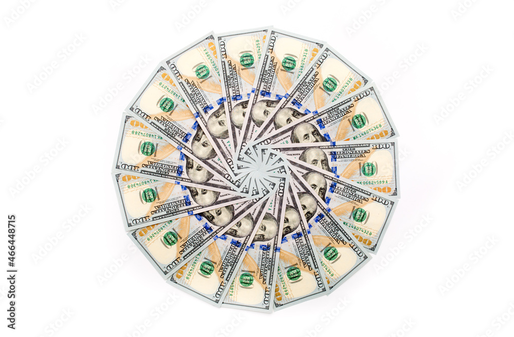 One Hundred Dollar Banknotes are creatively laid out. Money banknotes of US dollars, a lot of different money. Buy printing, banking. Cash income, wealth and financial independence.