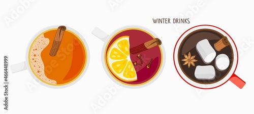 Winter drink set. Hot chocolate with marshmallow, apple cider, mulled wine. Flat Lay Hot drink with spices. Decorative Colorful Vector illustration for menu in flat style on white background.