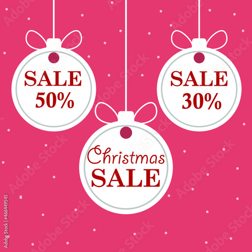 Christmas and New Year's sale. Beautiful discount and promotion white Christmas balls. Shop market poster design. Vector illustration.