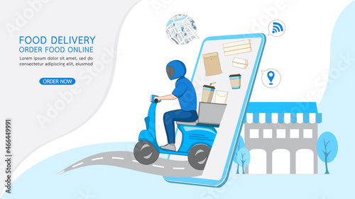 Online order food delivery service on website of restaurant on mobile a smartphone. Delivery man courier riding a motorcycle service deliver ready meal at home. Vector style for app and website. 