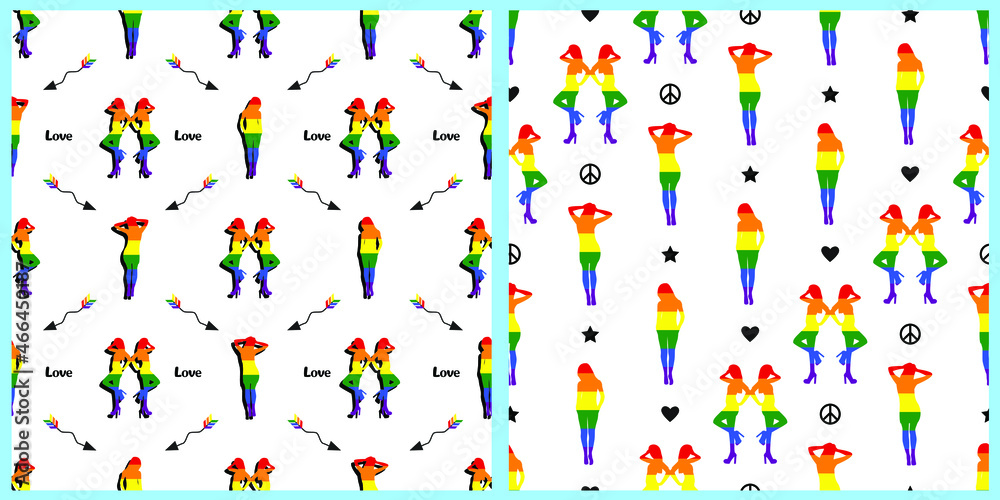 Set of vector seamless pattern LGBT pride community. The contours of the girls painted in the colors of the pride. Arrows of love, signs of gender and small hearts. Unique background. Set of vector seamless pattern LGBT pride community. The contours of the girls painted in the colors of the pride. Arrows of love, signs of gender and small hearts. Unique background.