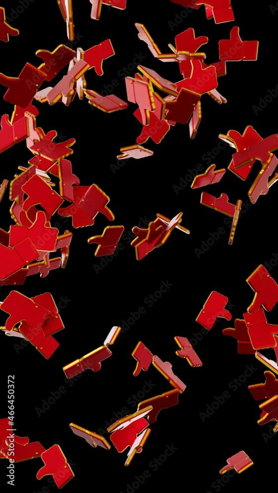 Red and gold volumetric icons likes. Flying out from the bottom up spinning in space. Alpha channel. 3D render.Vertical video Red and gold volumetric icons likes. Flying out from the bottom up spinning in space. Alpha channel. 3D render.Vertical video