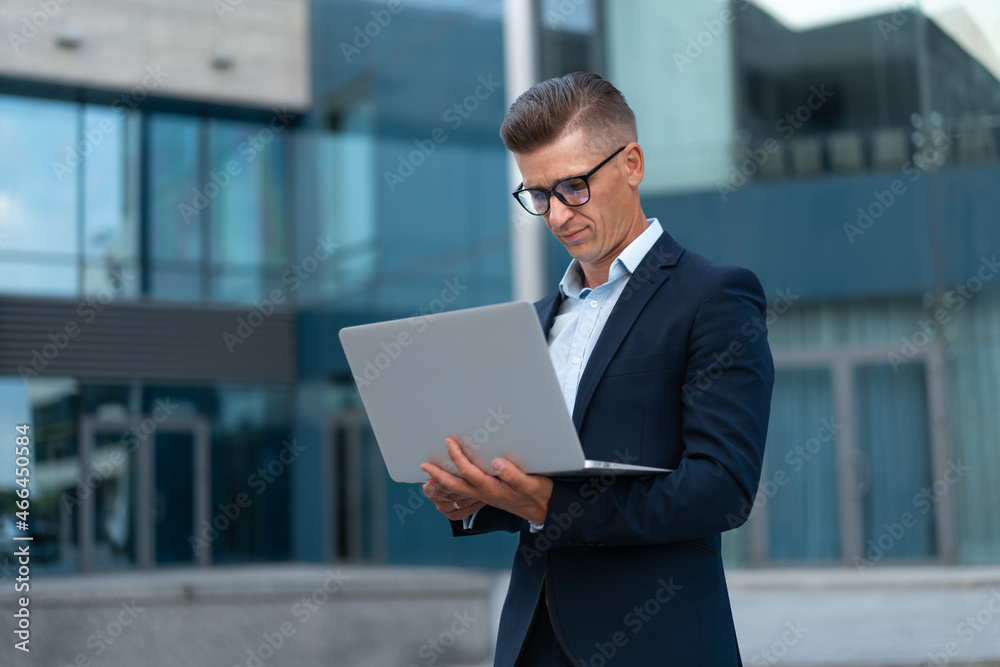 Business. Businessman Using Laptop Outdoor Summer Day