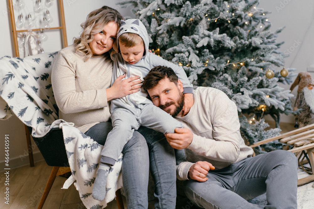 Christmas Family Happiness Portrait of dad, pregnant mom and little son sitting armchair at home near Christmas tree hug smile Christmas Family Happiness Portrait of dad, pregnant mom and little son sitting armchair at home near Christmas tree hug smile